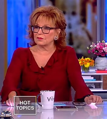 Joy’s red v-neck ruffle blouse on The View
