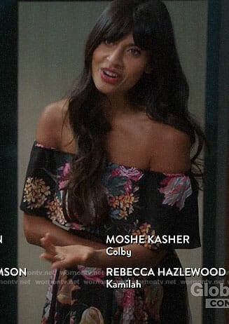 Tahani’s black floral off-shoulder dress on The Good Place