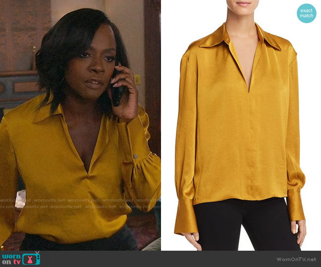 Theory Spread Collar Blouse in Goldfinch worn by Annalise Keating (Viola Davis) on How to Get Away with Murder