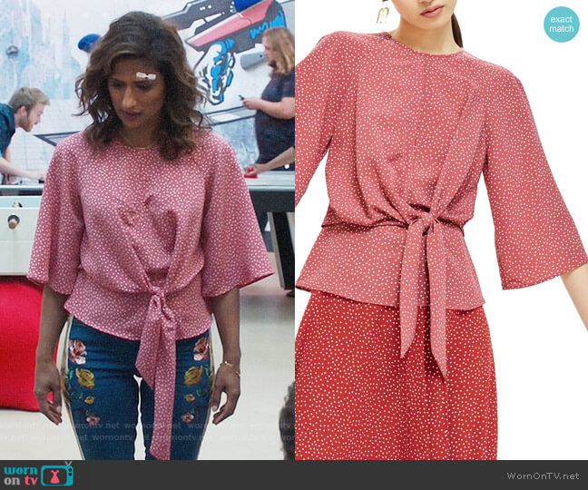 Topshop Spot Knot Front Blouse worn by Emet Kamala-Sweetzer (Sarayu Blue) on I Feel Bad