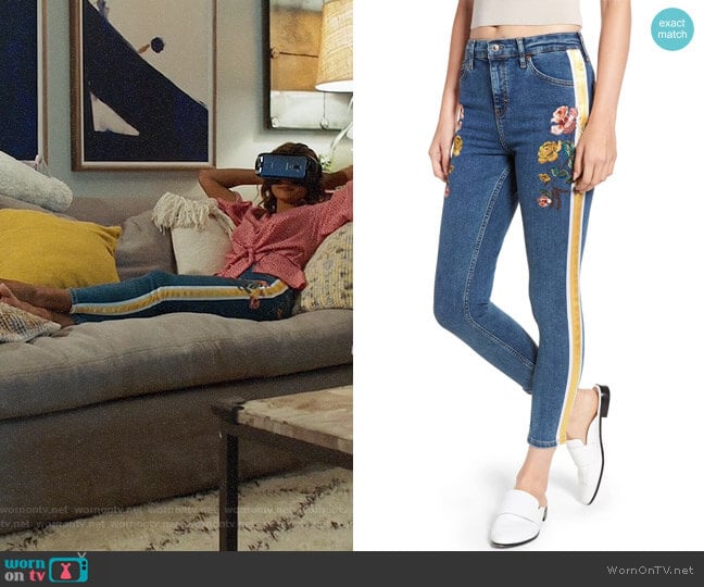 Topshop Stripe Floral Denim Pants worn by Emet Kamala-Sweetzer (Sarayu Blue) on I Feel Bad