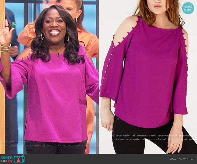 Trina Turk Button-Trim Cold-Shoulder Top worn by Sheryl Underwood on The Talk