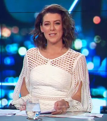 Gorgi’s white lace split sleeve dress on The Project