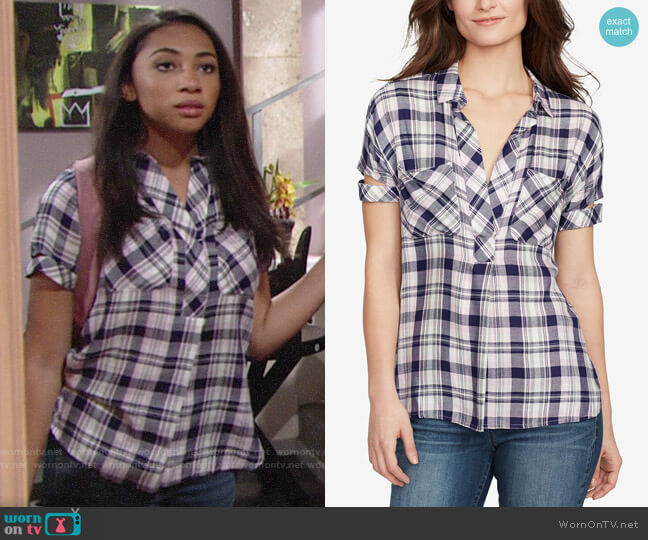 William Rast Plaid V-Neck Shirt in Roan Rouge Hounddog worn by Shauna (Camryn Hamm) on The Young and the Restless