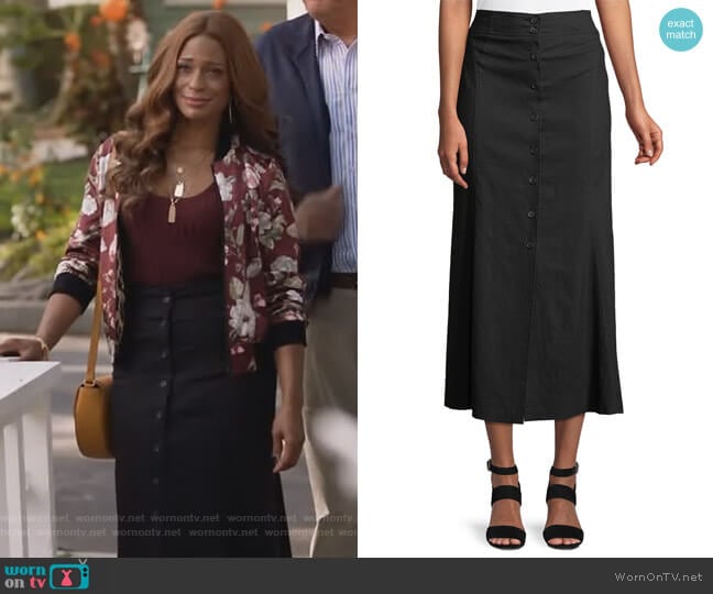 ALC Amelie Button-Front Midi Skirt worn by Poppy (Kimrie Lewis) on Single Parents