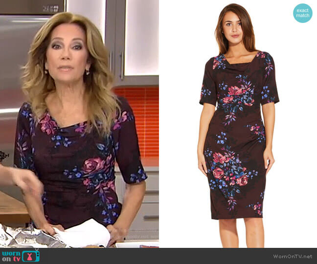 Adrianna Papell Half Sleeve Draped Floral Sheath Dress with V-Back worn by Kathie Lee Gifford on Today