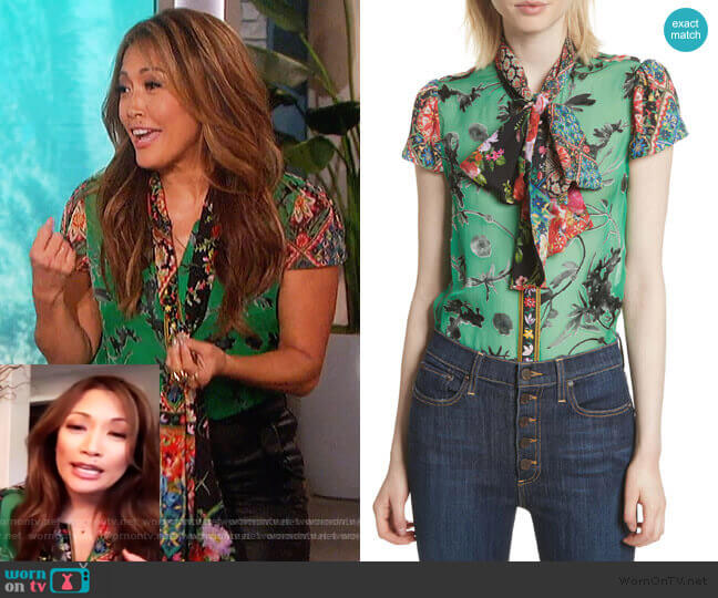 Alice + Olivia Bow Neck Mixed Print Blouse worn by Carrie Inaba on The Talk
