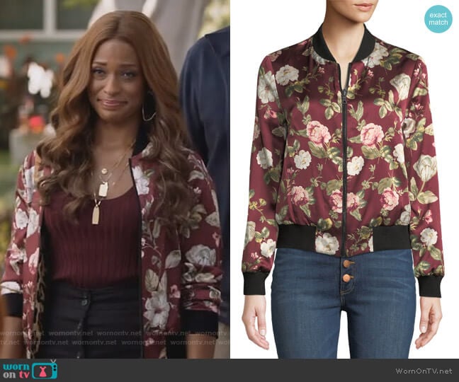 Alice + Olivia Lonnie Reversible Silk Bomber Jacket worn by Poppy (Kimrie Lewis) on Single Parents