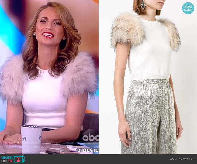 Alice + Olivia Ciara rabbit fur-trimmed top worn by Jedediah Bila on The View