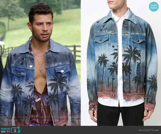 Amiri Palm Denim Trucker jacket worn by Sam Flores (Rafael de la Fuente) on Dynasty