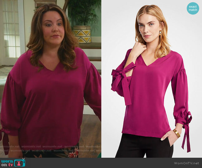Ann Taylor V-Neck Tie Sleeve Blouse worn by Katie Otto (Katy Mixon) on American Housewife