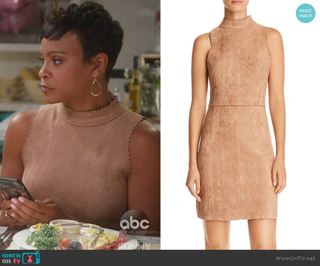 Aqua Scalloped Faux Suede Sheath Dress worn by Angela (Carly Hughes
) on American Housewife