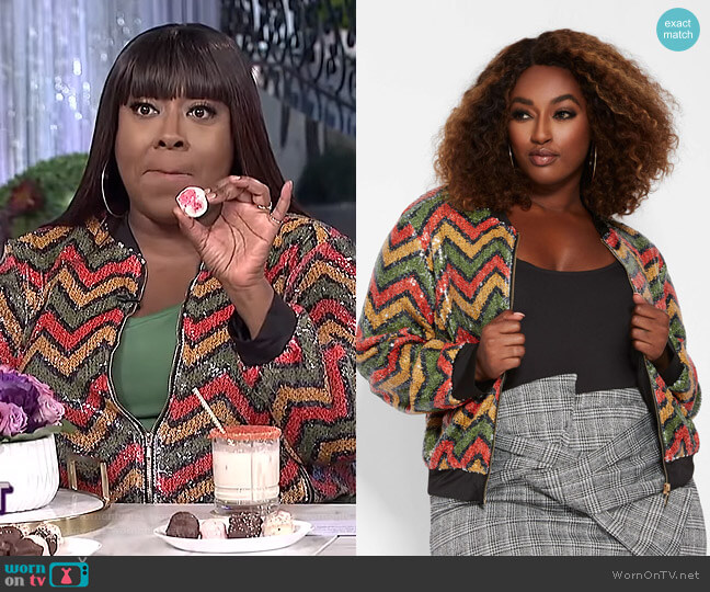 Ashley Stewart Zig Zag Sequin Bomber Jacket worn by Loni Love on The Real