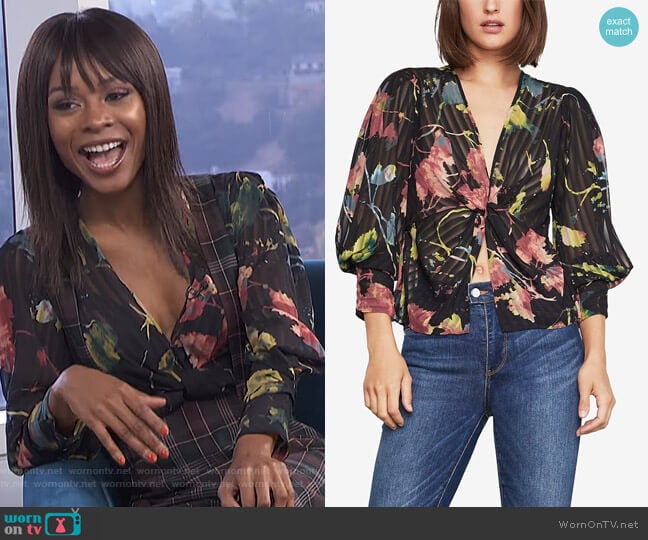BCBGMAXAZRIA Rustic Grove Twist-Front Blouse worn by Zuri Hall on E! News