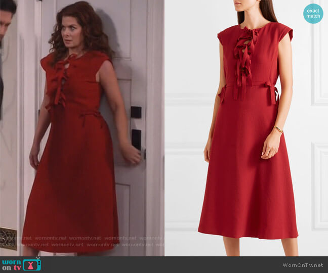 Bottega Veneta Bow-detailed midi dress worn by Grace Adler (Debra Messing) on Will and Grace