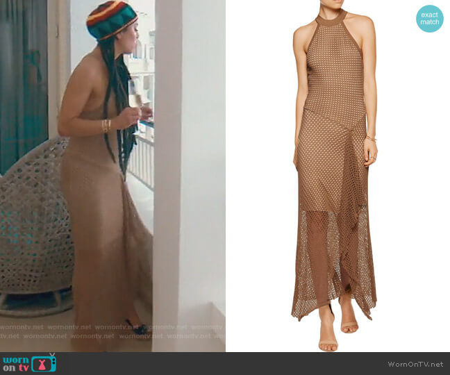 Bailey 44 Asymmetric Crochet Knit Midi Dress worn by Kelly Dodd on The Real Housewives of Orange County