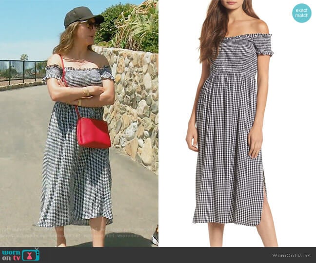 Bardot Gingham Off the Shoulder Midi Dress worn by Kelly Dodd on The Real Housewives of Orange County