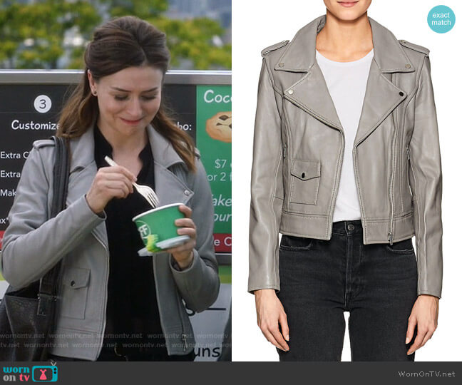 Barneys New York Leather Moto Jacket worn by Amelia Shepherd (Caterina Scorsone) on Greys Anatomy