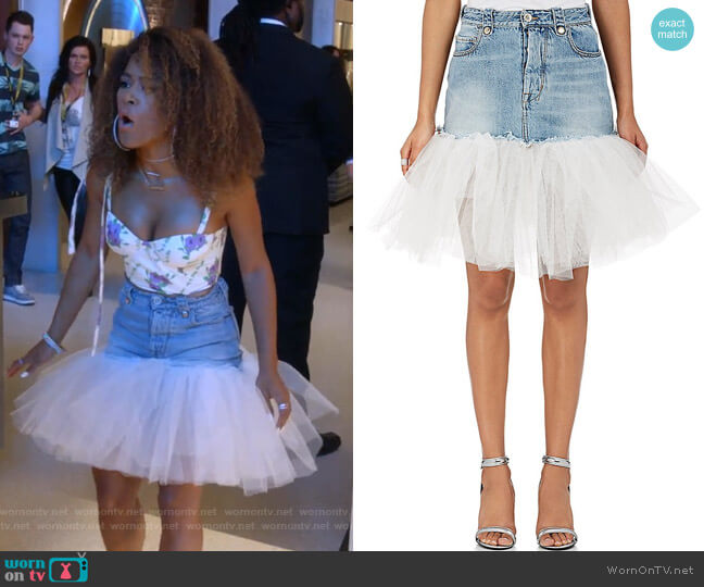 Ben Taverniti Unravel Project Tulle-Trimmed Denim Miniskirt worn by Tiana Brown (Serayah McNeill) on Empire