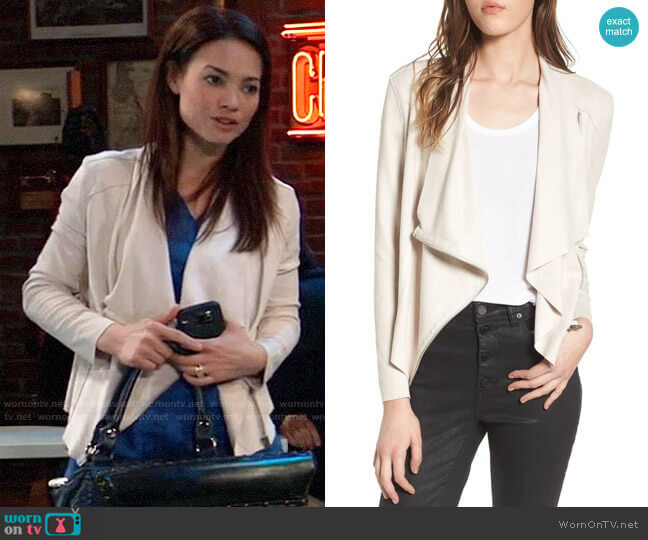BlankNYC Drape Front Faux Suede Jacket in Instigator worn by Elizabeth Webber (Rebecca Herbst) on General Hospital