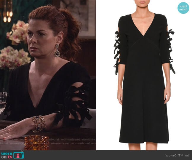 Bottega Veneta V-Neck Bow-Sleeve A-Line Crepe Dress worn by Grace Adler (Debra Messing) on Will and Grace