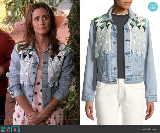 Levi's Made & Crafted Boyfriend Denim Trucker Jacket w Embroidery worn by Maya (Diane Farr) on Splitting Up Together