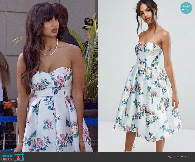 Chi Chi London Structured Bandeau Midi Dress worn by Tahani Al-Jamil (Jameela Jamil) on The Good Place