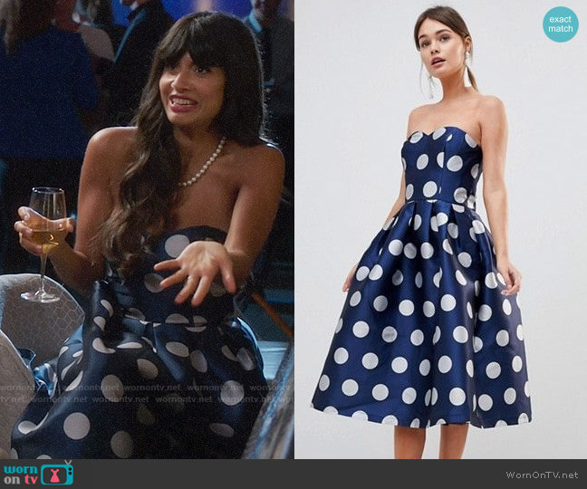 Chi Chi London Structured Bandeau Midi Dress in Polkadot worn by Tahani Al-Jamil (Jameela Jamil) on The Good Place