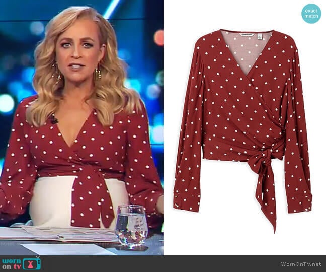 Country Road Spot Print Wrap Top worn by Carrie Bickmore on The Project