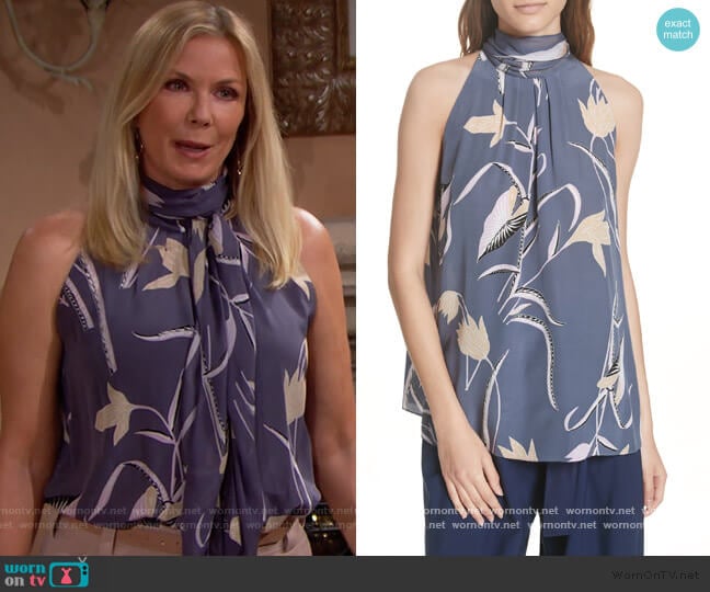 Diane von Furstenberg Sleeveless High Neck Silk Blouse in Oswald Lilac worn by Brooke Logan (Katherine Kelly Lang) on The Bold and the Beautiful