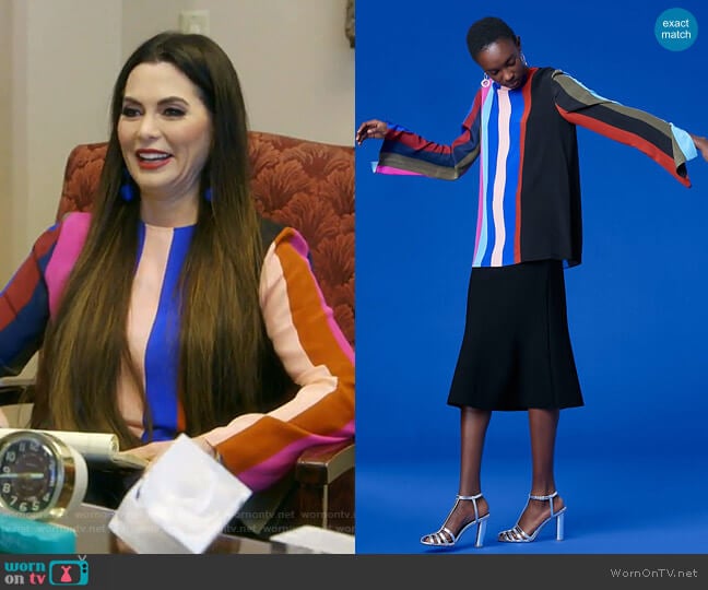 Diane von Furstenberg Long-Sleeve Side Slit Blouse worn by D’Andra Simmons on The Real Housewives of Dallas