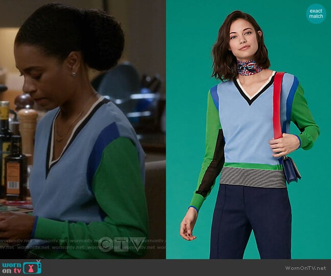 Diane von Furstenberg Long-Sleeve V-Neck Color Block Pull Over worn by Maggie Pierce (Kelly McCreary) on Greys Anatomy