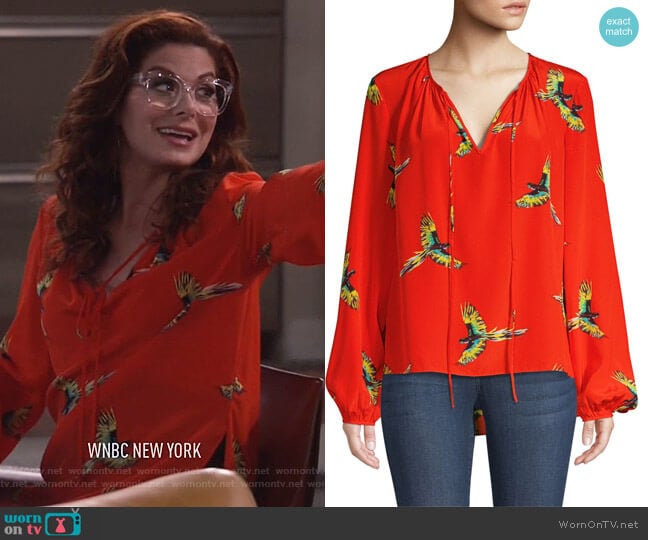 Diane von Furstenberg Silk Bird-Print Long-Sleeve Blouse worn by Grace Adler (Debra Messing) on Will and Grace
