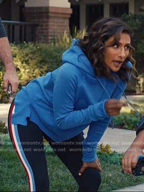 Emet’s blue hoodie and side striped leggings on I Feel Bad