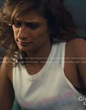 Emet’s white Breathe tank top on I Feel Bad
