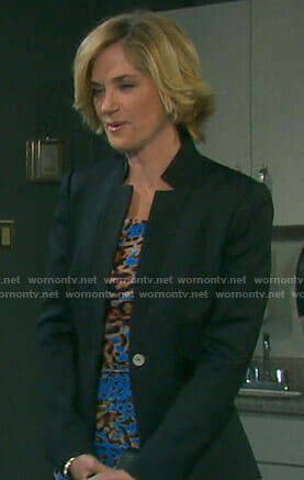 Eve’s blue printed dress and black blazer on Days of our Lives