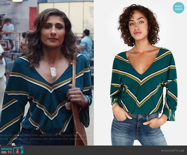 Express One Eleven Striped Flare Sleeve Top worn by Emet Kamala-Sweetzer (Sarayu Blue) on I Feel Bad