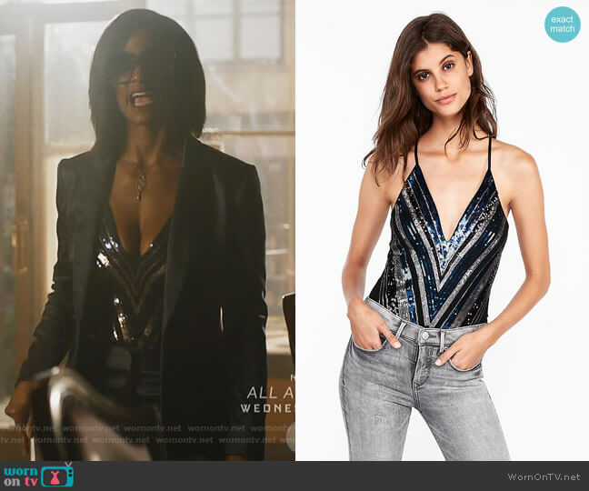 Express Sequin Deep V-Neck Thong Bodysuit worn by Kara Fowdy (Skye Marshall) on Black Lightning