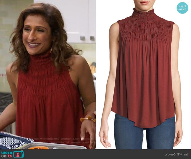 Frame Smocked High-Neck Sleeveless Top worn by Emet Kamala-Sweetzer (Sarayu Blue) on I Feel Bad