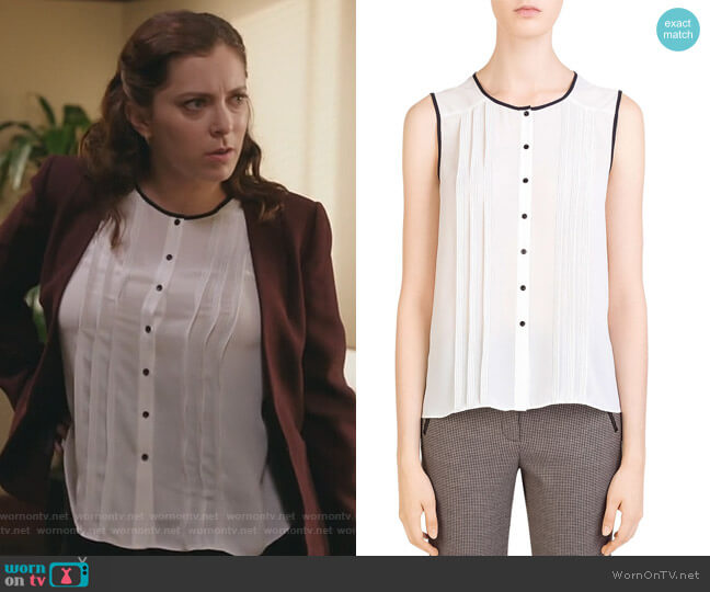 Gerard Darel Lena Sleeveless Pleated Shirt worn by Rebecca Bunch (Rachel Bloom) on Crazy Ex-Girlfriend