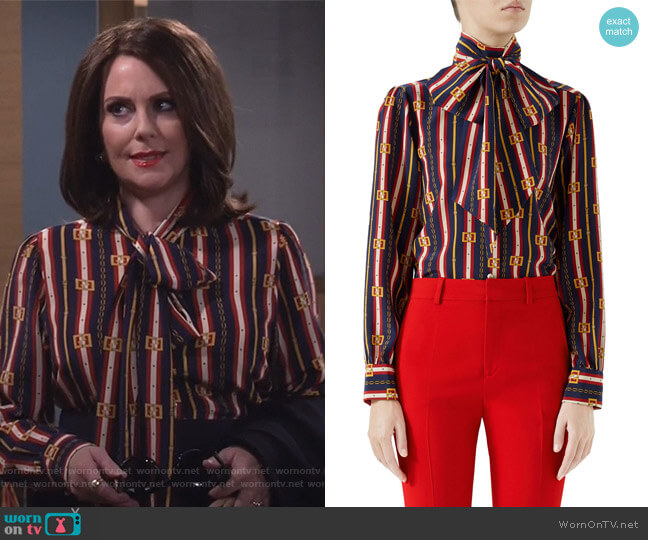 Gucci Chain Belt Print Silk Bow Neck Blouse worn by Karen Walker (Megan Mullally) on Will and Grace