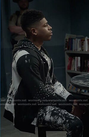 Hakeem’s black printed tee and hooded jacket on Empire