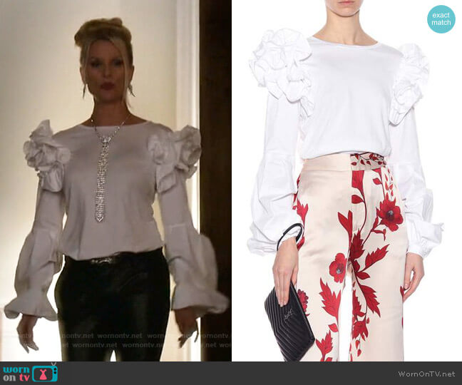 Johanna Ortiz Kyoto Top worn by Alexis Carrington (Elaine Hendrix) on Dynasty