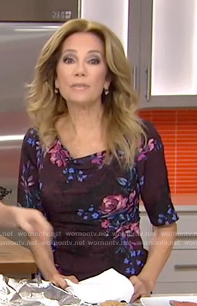 Kathie’s burgundy floral draped neckline dress on Today