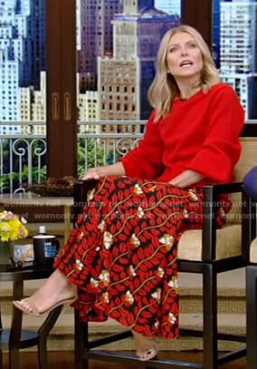 Kelly’s red sweater and floral print skirt on Live with Kelly and Ryan