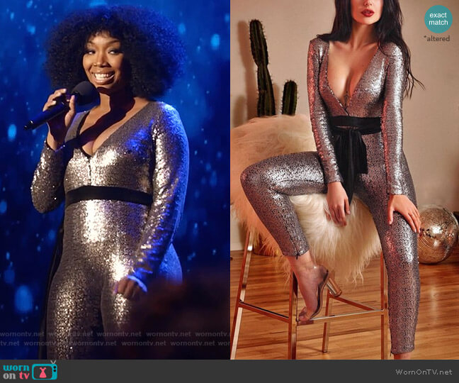 Kiss-Her Clothing Sequin Deep V Long Sleeve Jumpsuit worn by Cassie Brown (Brandy Norwood) on Star