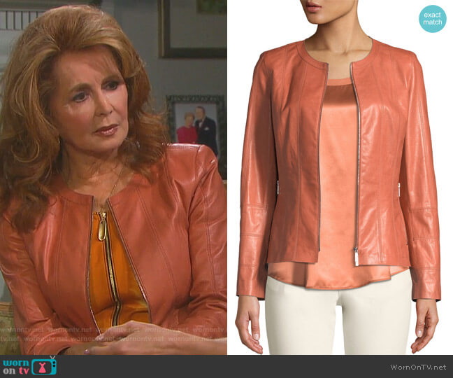Lafayette 148 New York Courtney Round-Neck Leather Zip Jacket worn by Maggie Horton (Suzanne Rogers) on Days of our Lives