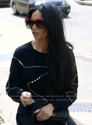 LeeAnn’s navy pearl embellished sweater on The Real Housewives of Dallas