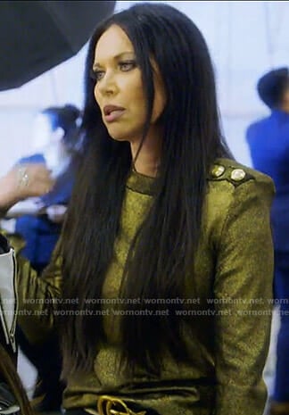 LeeAnn’s metallic sweater with buttons on The Real Housewives of Dallas
