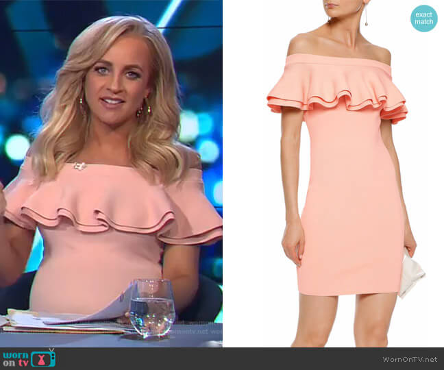 Line Harriet off-the-shoulder ruffled ribbed-knit mini dress worn by Carrie Bickmore on The Project
